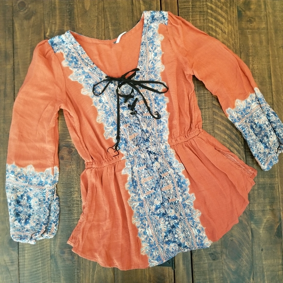Free People Tops - Free People Wildest Moments Tunic Peasant Top Shirt medium blue orange